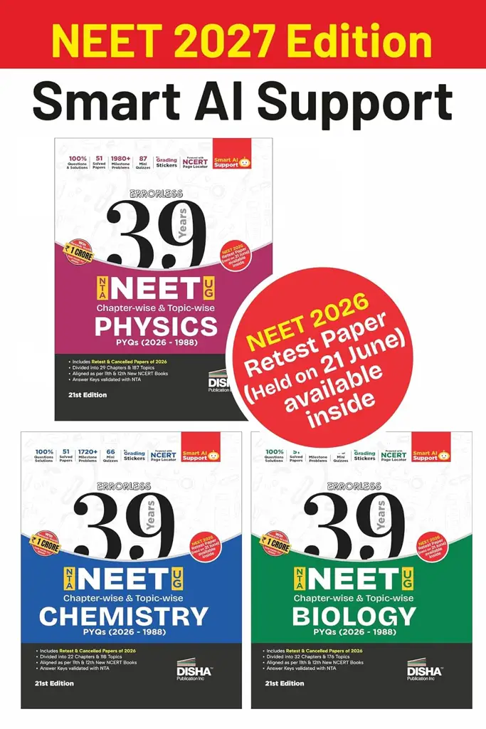 Disha Combo (3 Books) Errorless 39 Years NEET Chapter-wise & Topic-wise Physics, Chemistry & Biology NEET PYQ Book(2026 - 1988) 21st Edn | NEET Previous Year Solved Papers with 2026 Cancelled & Retest thumbnail 1