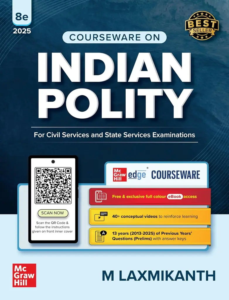 Indian Polity Courseware (English), 8e by M Laxmikanth for UPSC 2026 | 40+ Conceptual Videos | Colour eBook | Solved 13 Years Prelims PYQs (2013-25) | 12 Years Main Exam Questions | Practice Questions - Cover Image